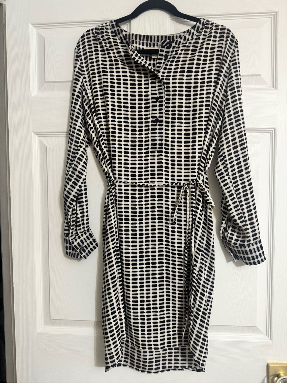 LOFT Mod Geometric Shirt Dress M Black Beige Belted Work Travel